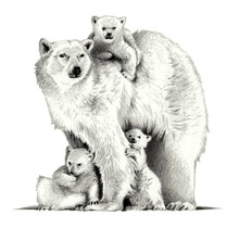 Polar Bear Mother With Three Cubs On A White Background, Pencil Sketch
