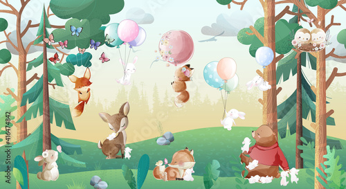 Fototapeta na szkło Children's wallpaper. Cute animals in the forest.