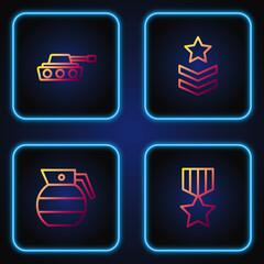 Sticker - Set line Military reward medal, Hand grenade, tank and rank. Gradient color icons. Vector.