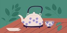 Traditional Chinese Tea Ceremony Concept. Teapot With Floral Pattern, Cup And Saucers In Retro Style On Wooden Table. Colored Flat Vector Illustration