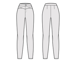 Wall Mural - Yoked pants technical fashion illustration with normal waist, high rise, full length, fitted body. Flat casual bottom trousers apparel template front, back, grey color. Women men unisex CAD mockup