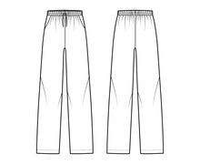 Pajama Pants Technical Fashion Illustration With Elastic Low Waist, Rise, Full Length, Drawstrings, Pockets. Flat Knit Trousers Apparel Template Front, Back, White Color. Women Men Unisex CAD Mockup
