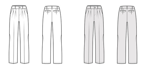 Wall Mural - Pants tailored technical fashion illustration with low waist, rise, slant flap pockets, double pleat, belt loops. Flat casual bottom trousers front, back, white grey color. Women men unisex CAD mockup