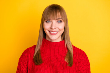 Poster - Photo of blond nice optimistic lady wear red sweater isolated on bright yellow color background