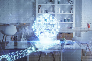 Double exposure of crypto technology theme drawing and office interior background. Concept of blockchain.