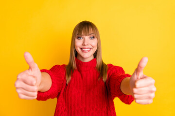 Canvas Print - Photo of blond optimistic lady show thumb up wear red sweater isolated on bright yellow color background