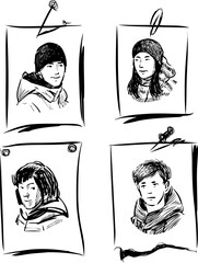 Sticker - Sketches of portraits of teenage students on sheets of paper