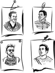 Sticker - Sketches of portraits various young men on note sheets paper