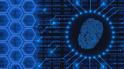 Fingerprint logo - abstract background in blue of 4-digit binary code behind information connecting lines and honeycomb elements - security scanning identification system by biometric authorization