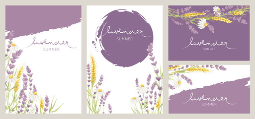 Birthday or Wedding invitation cards. Vector design element, wreaths of lavender, chamomile and wheat ears, medicinal herbs, calligraphy lettering.