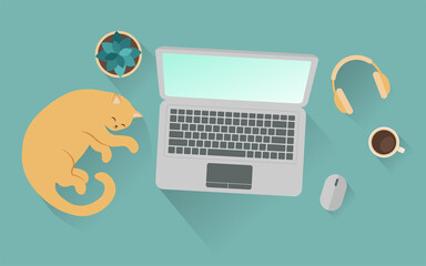 Desktop top view with cat flat illustration