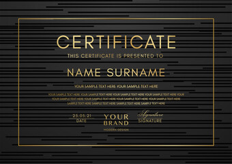 Wall Mural - Certificate template with abstract line pattern and gold frame on black background. Vector stripe design for Diploma, certificate of appreciation or award