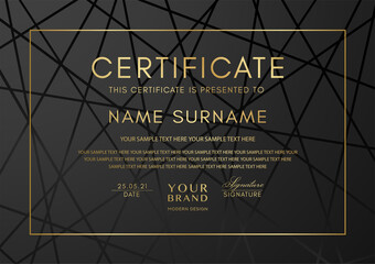 Wall Mural - Certificate template with abstract geometry line pattern and gold frame on black background. Vector modern design for Diploma, certificate of appreciation or award