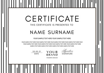 Wall Mural - Certificate template with abstract black line pattern and frame on white background. Vector stripe design for Diploma, certificate of appreciation or award
