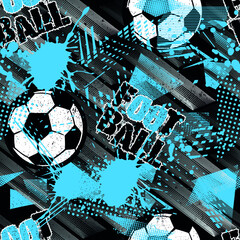 Sticker - Abstract seamless pattern for boys. Football pattern. Grunge urban pattern with football ball. Sport wallpaper on black background with black and green. Repeated sport pattern.