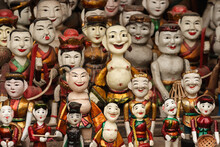 The Vietnamese Traditional Water Puppets Of The Theater In Hanoi, Vietnam. Each Puppet Represents One Character In The Normal Life In The Past.