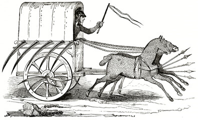 side view of covered war chariot towed by two integral armored horses equipped with front spears. Ancient grey tone etching style art by unidentified author, Magasin Pittoresque, 1838