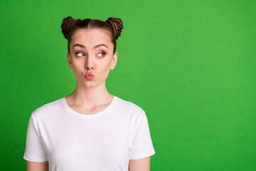 Poster - Photo of romantic girlish lady send air kiss look empty space wear white t-shirt isolated green background