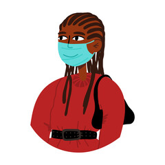 Stylish young woman in sweatshirt with baguette bag with braids hairstyle in medical face mask.