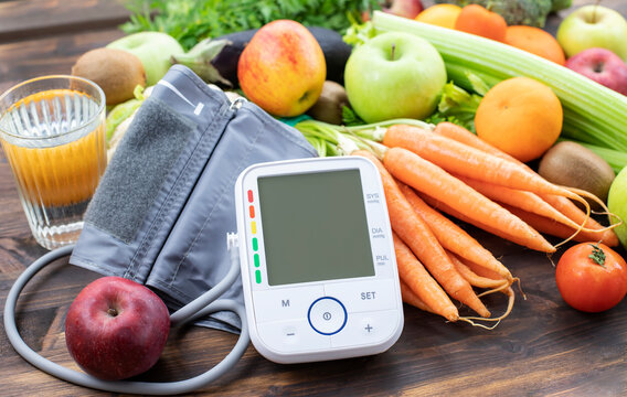 Blood pressure monitor and fresh fruits with vegetables against wooden table. Healthy lifestyle and prevention of hypertension concept