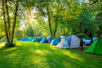Wall Mural - camping tents area at early sunny morning