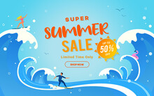 Super Summer Sale Vector Illustration. Summer Big Wave Surfing Backgrounds
