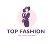 Top fashion concept design template isolated on light background. Stylish lady in hat with bag icon concept. For branding, advertisement, shop insignia. Vector flat illustration.