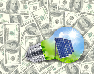 light bulb with solar panels green energy concept on dollars background