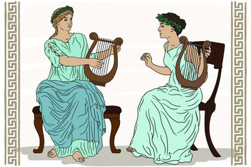 Two ancient Greek women with laurel wreaths on their heads and with harps in their hands are playing music.