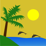 Fototapeta Sypialnia - Vector illustration of a gradient beach with coconut trees and fish
