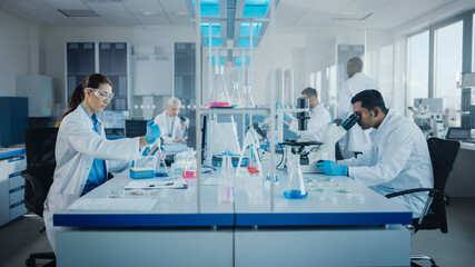 Wall Mural - modern medical research laboratory: diverse team of scientists working with pipette, analysing bioch