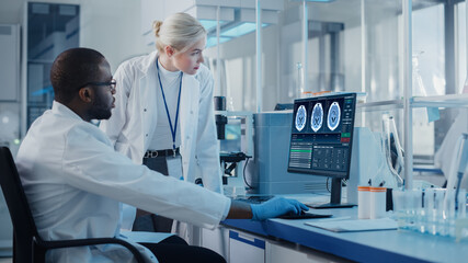 Wall Mural - modern medical research laboratory: two scientists use computer with screen showing mri brain scans,