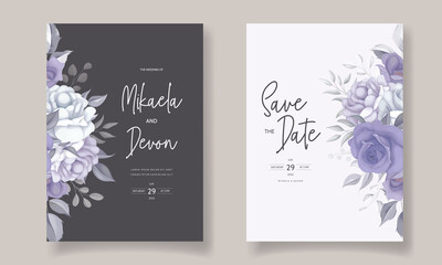 Beautiful wedding invitation card with purple flower decoration