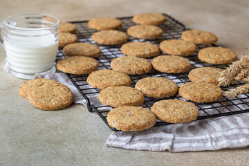 Wall Mural - Healthy oatmeal cookies with cereals, seeds and nuts with a cup of milk on concrete background. Diet vegan cookies.