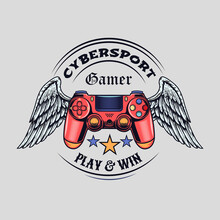 Colored Badge With Winged Gamepad Vector Illustration. Round Colorful Banner With Wings, Joystick And Text. Cybersport And Gaming Zone Concept Can Be Used For Retro Template