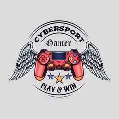 Colored badge with winged gamepad vector illustration. Round colorful banner with wings, joystick and text. Cybersport and gaming zone concept can be used for retro template