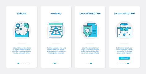Fototapete - Data security cyber protect technology vector illustration. UX, UI onboarding mobile app page screen set with line danger warning alert window, database document protection, cybersecurity symbols