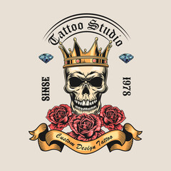 Wall Mural - Trendy vintage badge with king skull and roses vector illustration. Colorful skull in crown, diamonds and rose flowers. Tattoo studio and custom design concept for tattoo, stamp, print template