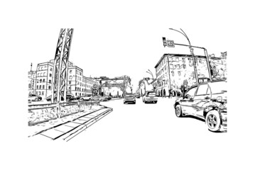 Building view with landmark of Novosibirsk is the
city in Russia. Hand drawn sketch illustration in vector.