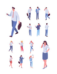 Poster - Isometric people Phone talking. Communication. Vector male and female characters with smartphones isolated on white background