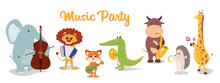 Music Poster With Cartoon Animals Musicians Playing Musical Instruents. Collection Of Cute Cartoon Musicians With Guitar, Flute, Maracas, Violin, Sax.