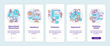 Scientific Method Elements Onboarding Mobile App Page Screen With Concepts. Getting Knowledge About World Walkthrough 5 Steps Graphic Instructions. UI Vector Template With RGB Color Illustrations
