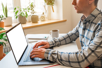 Wall Mural - a man in a shirt sits in a modern office and uses a laptop to work in business or programming, appli