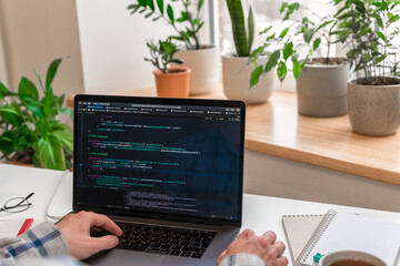 Wall Mural - a young male programmer uses a laptop and types code in the office. software, programming concept