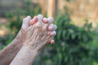 Close-up of senior woman's hands joined together for praying while standing in a garden. Focus on hands wrinkled skin. Space for text. Concept of aged people and healthcare