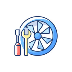 Sticker - Aircraft maintenance RGB color icon. Civil aviation professional engine service. Safety flight. Airlines management improvement. Engine repair. Service engineer. Isolated vector illustration