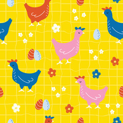 Wall Mural - Seamless pattern with hen and eggs. Funny colorful print. Vector hand drawn illustration.