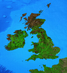 Physical map of England, Britain and Ireland. Detailed flat view of the Planet Earth and its landforms. 3D illustration - Elements of this image furnished by NASA