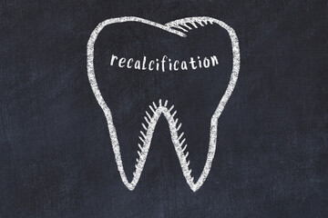 Wall Mural - Chalk drawing of a tooth with medical term recalcification. Concept of learning stomatology