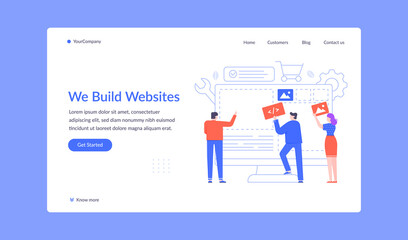 Wall Mural - team build website, create landing web page. vector developer team construction responsive website, 